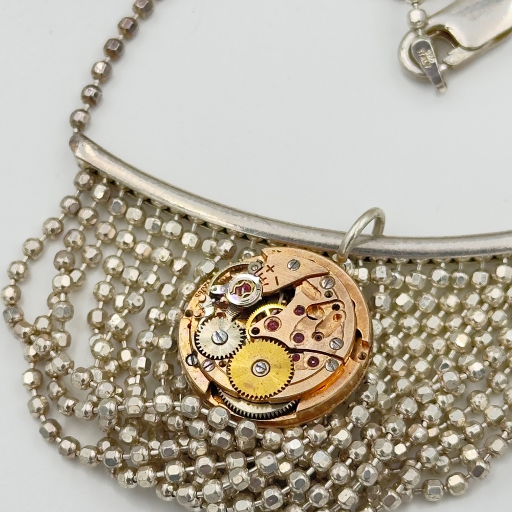 Vintage Sterling Silver Cascading  Bead Frontal Necklace w/Steampunk Pendant